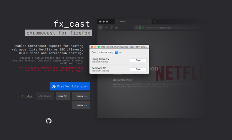 Suport Chromecast prin fx_cast Firefox, pentru Windows, MacOS si Linux.